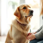 Golden Retriever therapy dog sitting calmly beside person in therapy office, warm natural lighting, professional clinical setting, person gently petting dog, serene peaceful atmosphere, close-up of hands and dog fur