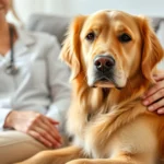 A golden retriever sitting calmly beside a person on a therapy couch, soft natural lighting, professional clinical environment, peaceful facial expressions, close-up on hands petting the dog's fur, warm and comforting atmosphere