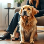 Golden retriever sitting calmly beside a person in a therapeutic setting, warm lighting, soft focus on emotional connection between human and dog, professional clinical environment with comfortable seating