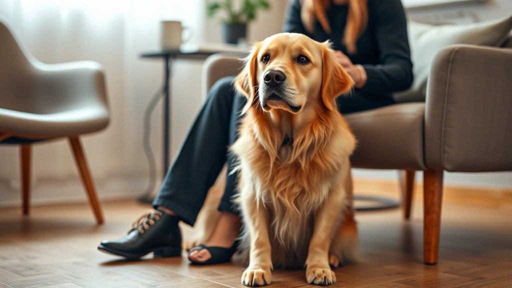 Golden retriever sitting calmly beside a person in a therapeutic setting, warm lighting, soft focus on emotional connection between human and dog, professional clinical environment with comfortable seating