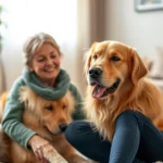 A person sitting peacefully with a golden retriever therapy dog in a calm, well-lit therapy room with soft furnishings, showing genuine emotional connection and comfort