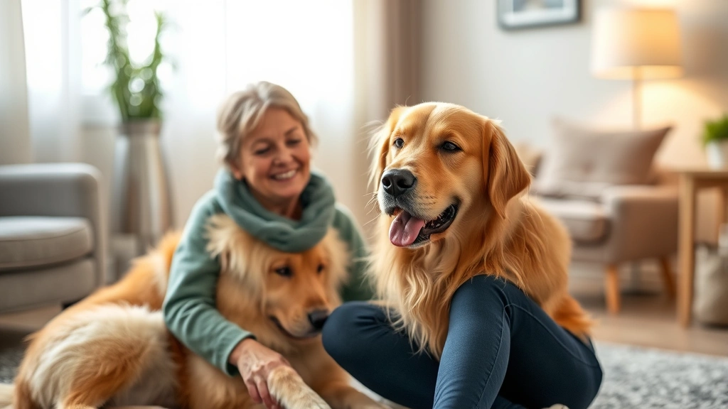 A person sitting peacefully with a golden retriever therapy dog in a calm, well-lit therapy room with soft furnishings, showing genuine emotional connection and comfort