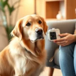 Golden retriever therapy dog calmly sitting beside an adult in a counseling office, soft warm lighting, therapeutic environment, person gently petting dog, peaceful expression, professional clinical setting