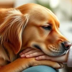 Golden Retriever resting head gently on hands of person in therapeutic setting, warm indoor lighting, soft focus background, genuine emotional connection visible, professional healthcare environment
