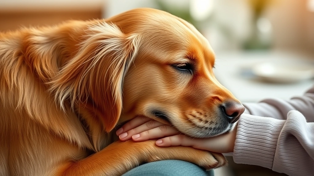 Golden Retriever resting head gently on hands of person in therapeutic setting, warm indoor lighting, soft focus background, genuine emotional connection visible, professional healthcare environment