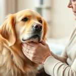 Golden retriever gently resting head on elderly woman's hands during therapeutic session in warm, calm clinical setting with soft natural lighting and peaceful atmosphere