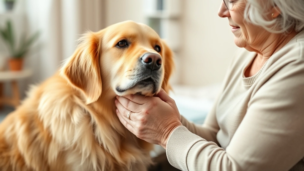 Golden retriever gently resting head on elderly woman's hands during therapeutic session in warm, calm clinical setting with soft natural lighting and peaceful atmosphere