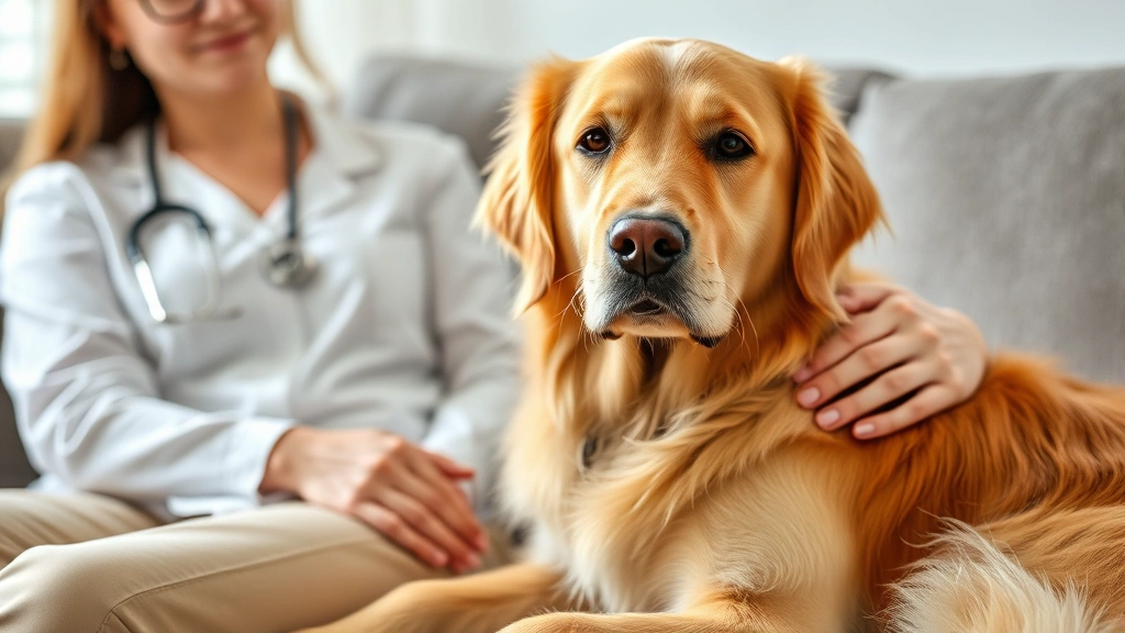 A golden retriever sitting calmly beside a person on a therapy couch, soft natural lighting, professional clinical environment, peaceful facial expressions, close-up on hands petting the dog's fur, warm and comforting atmosphere