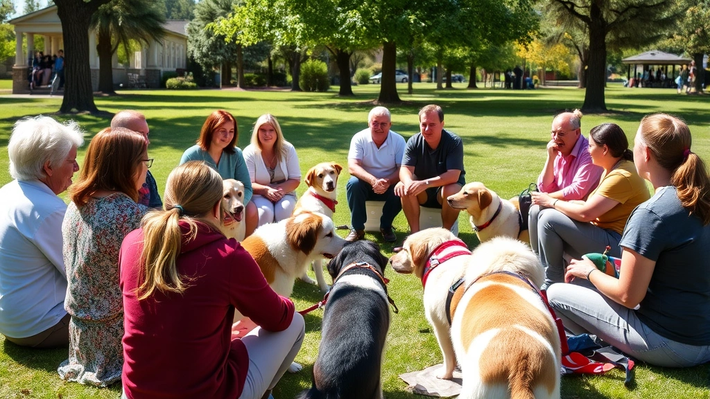 Diverse group of people sitting in circle during therapy dog class session, multiple therapy dogs interacting with participants, outdoor park setting on sunny day, everyone appears calm and engaged, natural candid moment