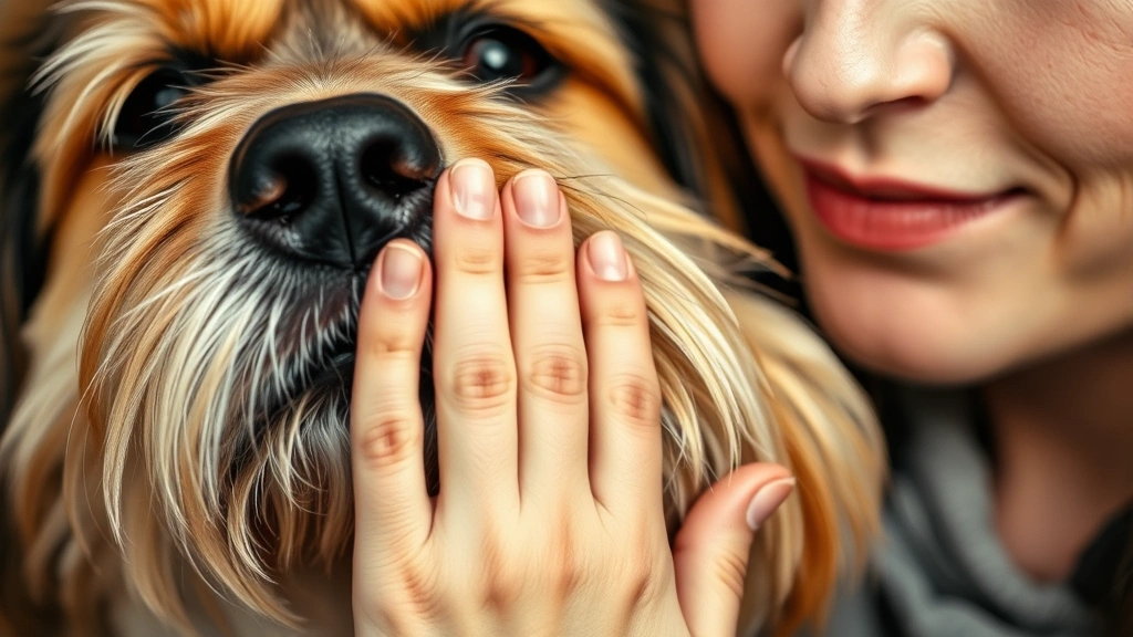Close-up of hands gently petting a therapy dog's fur, showing tactile interaction and mindfulness, warm tones emphasizing comfort and safety, peaceful expression on person's face