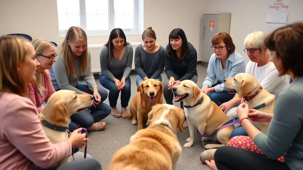 A diverse group of people in a therapy dog class setting, gently interacting with trained therapy dogs, displaying relaxation and positive engagement in a supportive environment