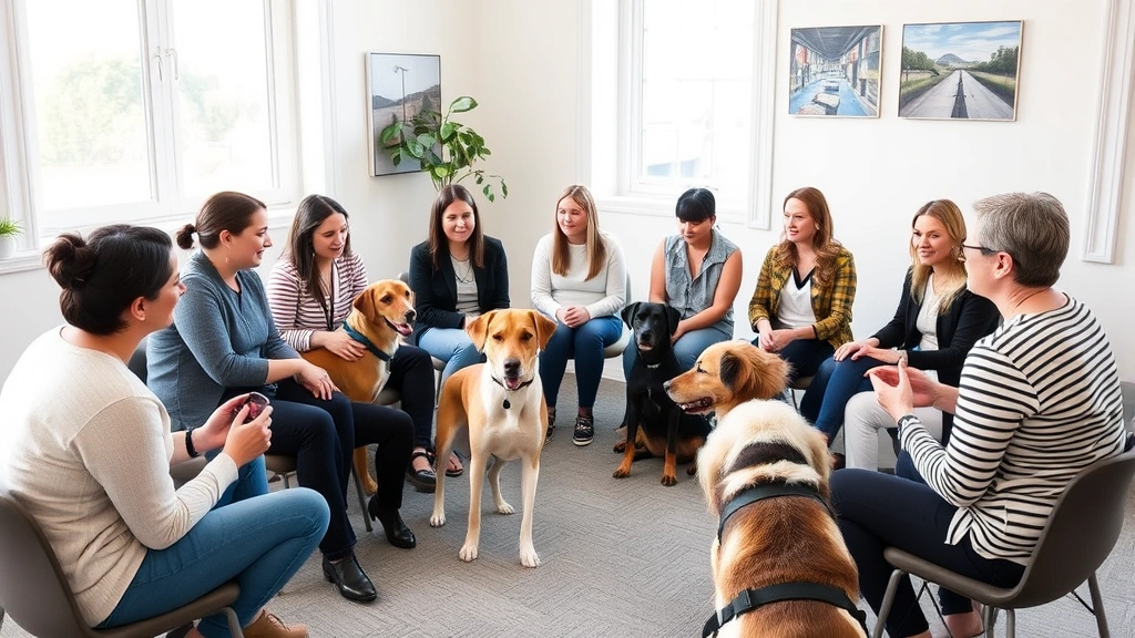 Group therapy session in circle with multiple participants and trained therapy dogs, diverse people interacting with dogs, supportive atmosphere, indoor clinical space, natural light, emotional connection visible