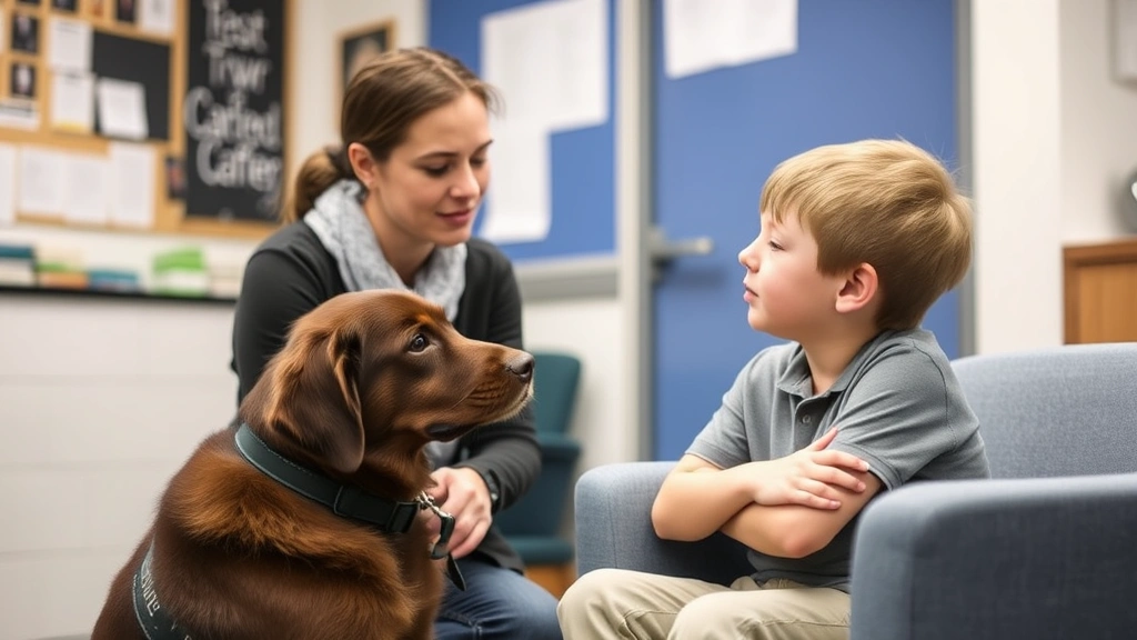 Certified therapy dog handler working with anxious teenage boy in school counseling office, dog providing comfort during emotional conversation, supportive professional environment