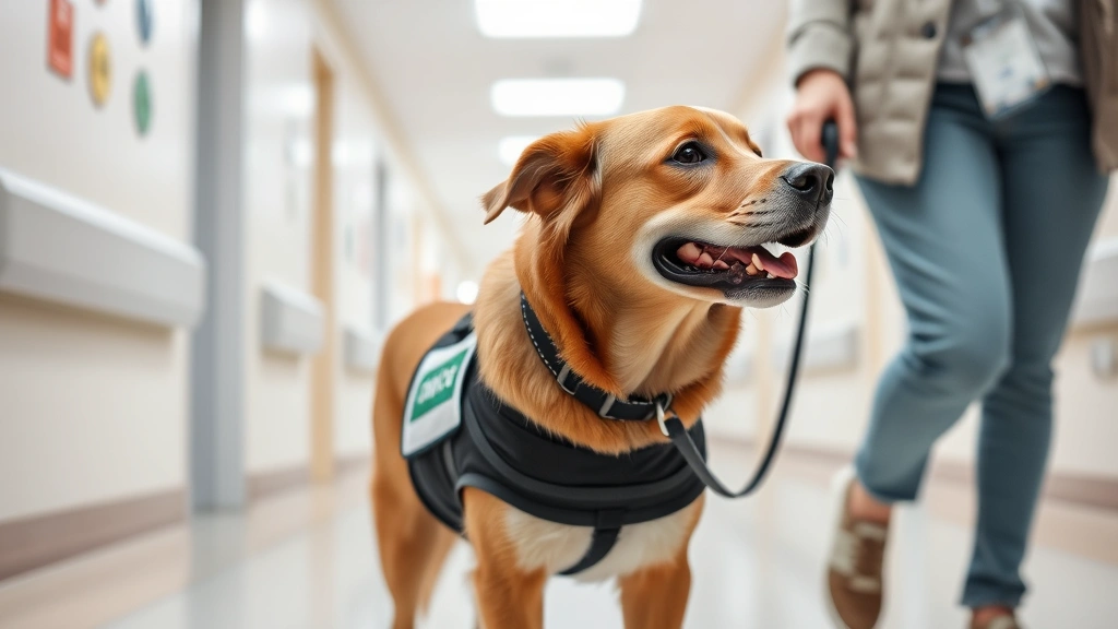 Therapy dog in a hospital hallway wearing official vest, walking alongside a patient in comfortable clothing, bright clinical lighting, focused and calm demeanor, therapeutic interaction captured mid-moment, professional healthcare setting