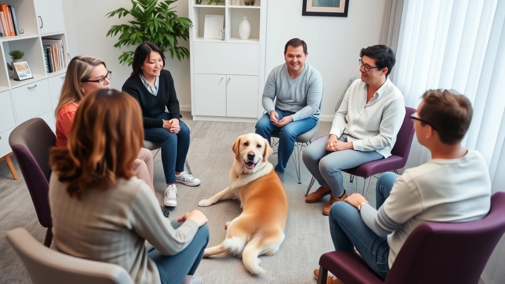 Group therapy session in progress with therapy dog present, multiple participants seated in circle, dog lying peacefully in center, professional mental health setting with supportive atmosphere