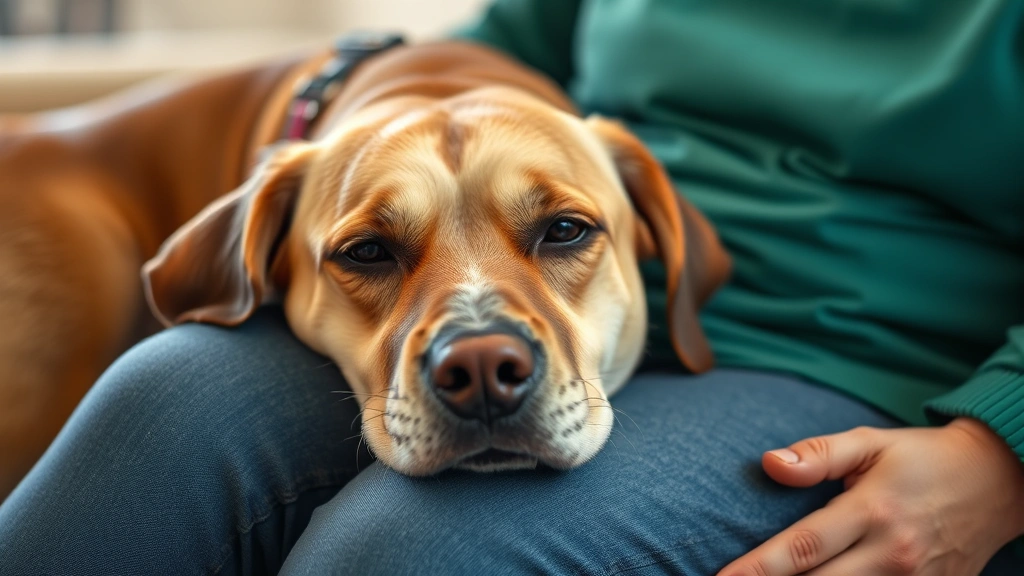 A close-up of a therapy dog resting its head gently on a participant's lap, demonstrating the calming physical contact and emotional support during a therapeutic session