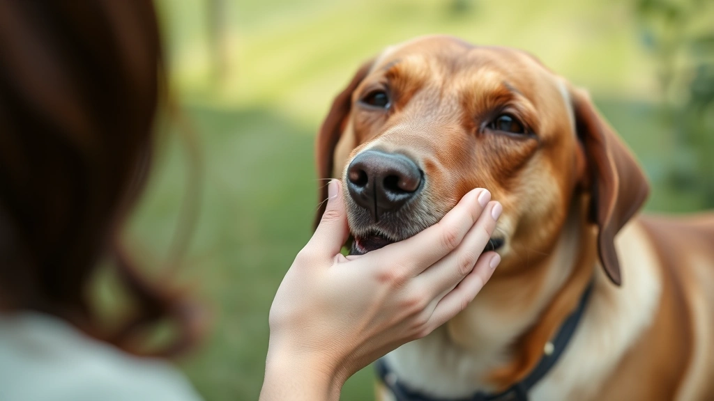 Close-up of person's hands petting brown therapy dog during outdoor class session, focus on tactile interaction and relaxation, serene expression, green background slightly blurred, genuine therapeutic moment