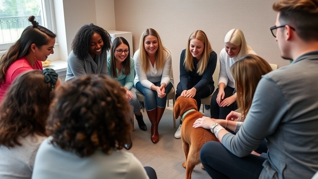 Group of people in circle petting trained therapy dog during mental health class session, diverse participants showing relaxed body language, indoor community space, professional supervision evident