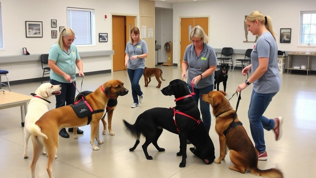Therapy dog class training session showing multiple handlers practicing with calm, well-trained dogs in professional facility with positive reinforcement techniques and structured learning environment
