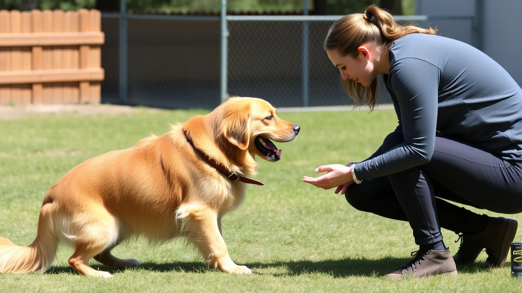 Certified therapy dog trainer working with a golden retriever in an outdoor training facility, demonstrating behavioral techniques, sunny day with green grass, both trainer and dog showing concentration and positive engagement, professional training environment