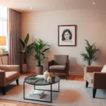 Serene therapist's office with warm lighting, comfortable seating, neutral tones, professional but welcoming atmosphere, no visible clients or identifying details