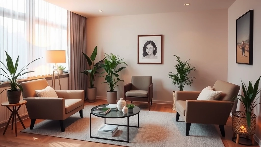 Serene therapist's office with warm lighting, comfortable seating, neutral tones, professional but welcoming atmosphere, no visible clients or identifying details