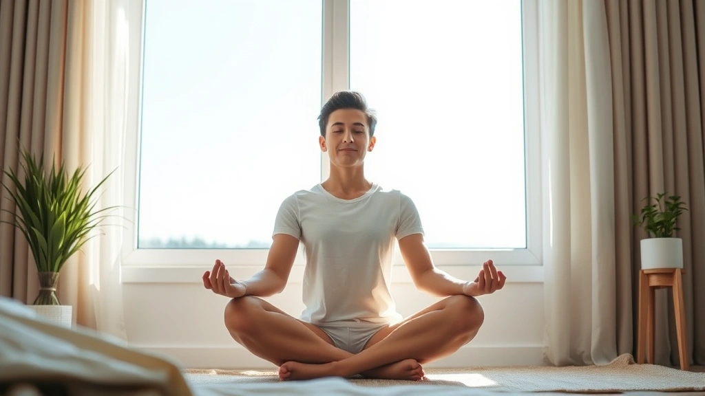 Person sitting in peaceful meditation pose by window with natural light, calm expression, modern minimalist bedroom setting, representing emotional healing and self-reflection