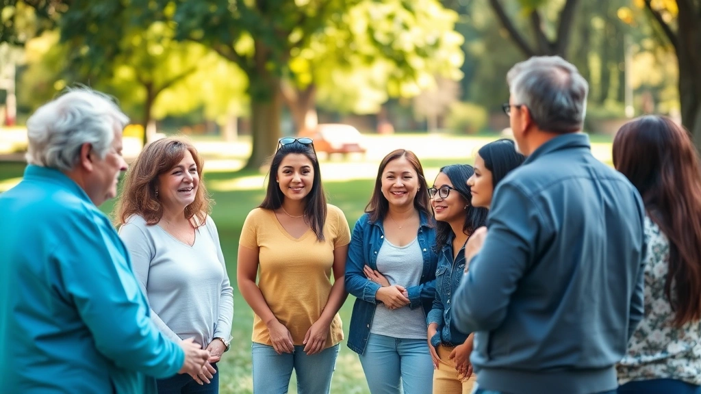 Diverse group of people in supportive conversation circle outdoors in park setting, natural lighting, representing community support and social connection during recovery