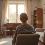 A person sitting in a peaceful therapy office, warm natural light from windows, comfortable chair, soft neutral colors, safe and calm environment for healing