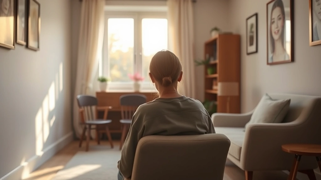 A person sitting in a peaceful therapy office, warm natural light from windows, comfortable chair, soft neutral colors, safe and calm environment for healing