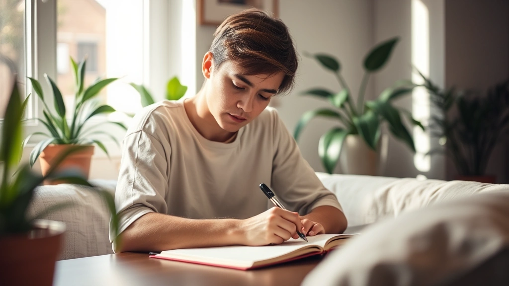 An individual journaling or writing in a quiet space with plants and soft lighting, representing self-reflection and emotional processing of trauma recovery