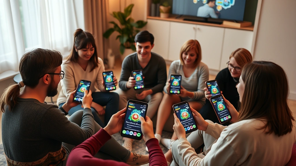 Diverse group of people sitting in circle, each holding smartphones displaying therapy game interfaces with colorful progress indicators and achievement badges, warm indoor lighting
