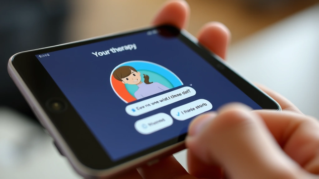 Close-up of smartphone screen showing therapy game with animated character, emotional state meter, and interactive choice buttons, person's hand holding device, bright interface design, no readable text