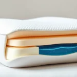 Close-up of advanced memory foam cervical pillow with contoured support, showing internal gel-infused layers visible in cross-section, professional product photography with neutral background