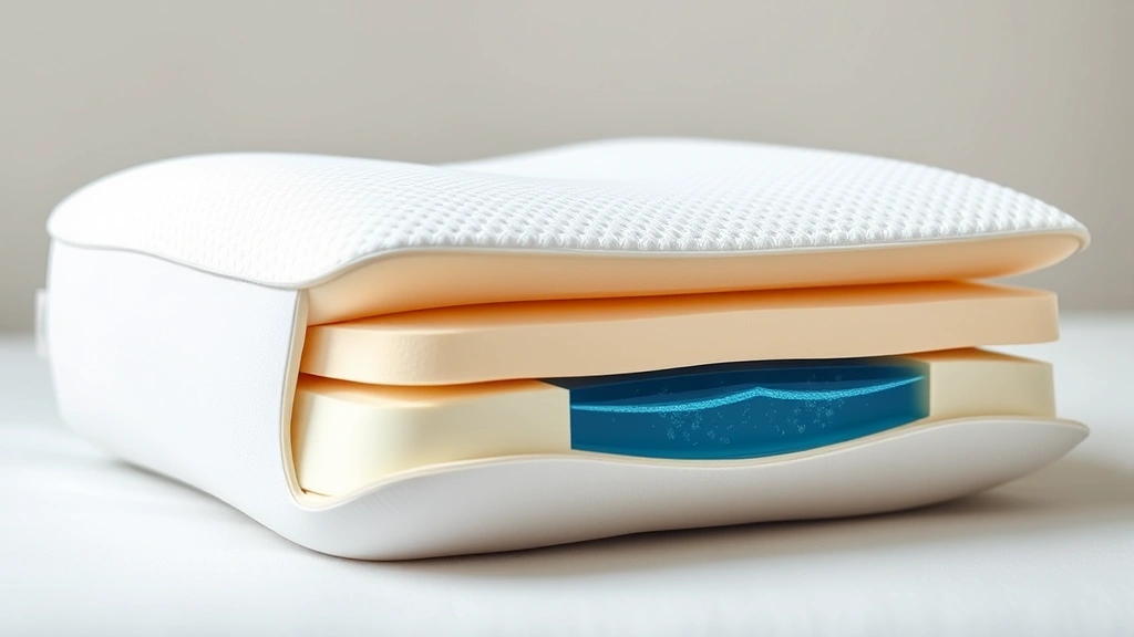 Close-up of advanced memory foam cervical pillow with contoured support, showing internal gel-infused layers visible in cross-section, professional product photography with neutral background