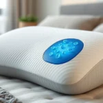 Photorealistic close-up of memory foam contoured cervical therapy pillow with gel-infused cooling technology, showing ergonomic design and pressure relief indentation, modern bedroom setting background, no text visible