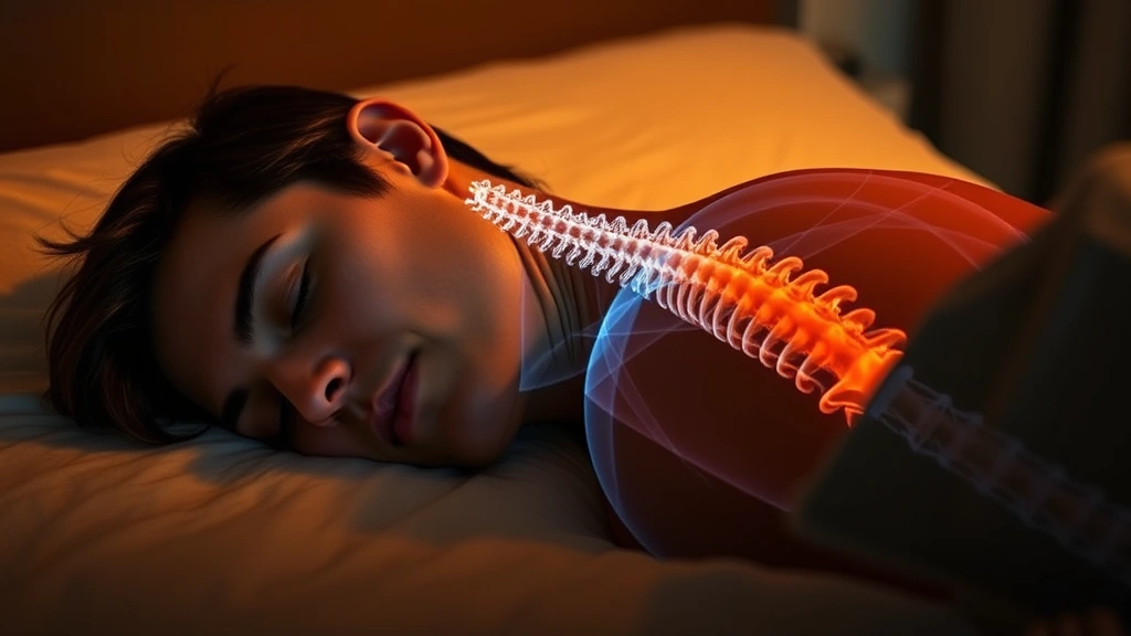 Person sleeping peacefully on side with proper cervical spine alignment, anatomical visualization showing healthy neutral spine position, warm bedroom lighting, no face visible