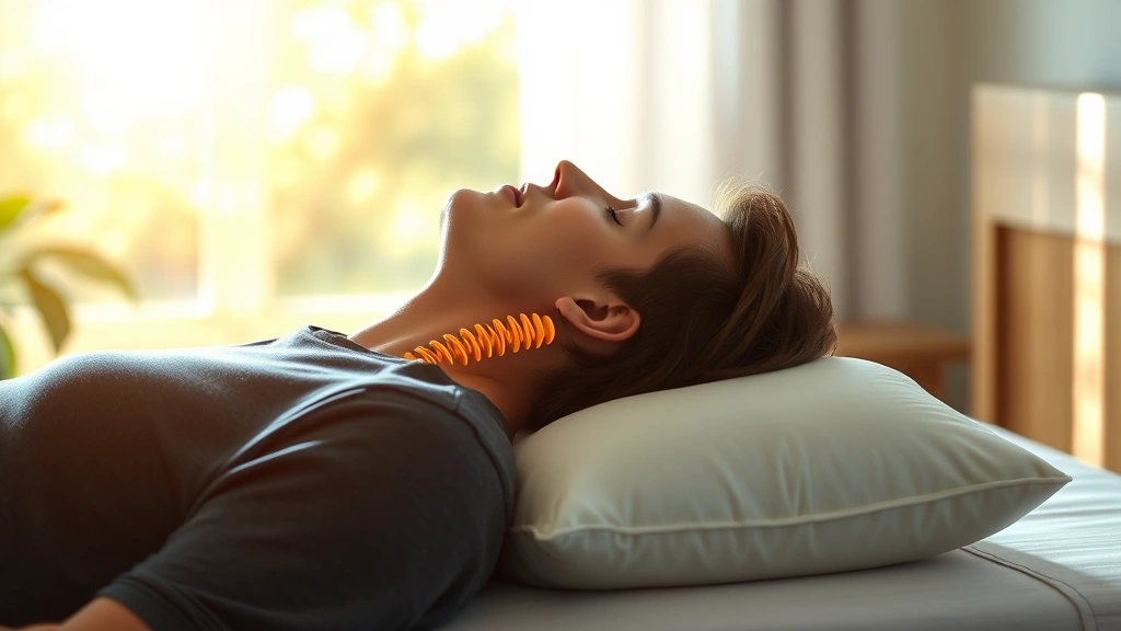 Photorealistic side profile view of person sleeping peacefully on therapy pillow demonstrating proper cervical spine alignment, neutral neck position, morning light streaming through window, serene bedroom environment