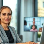 Professional woman in modern office setting during a therapy session via video call, calm expression, natural lighting through windows, digital interface visible, focused and peaceful
