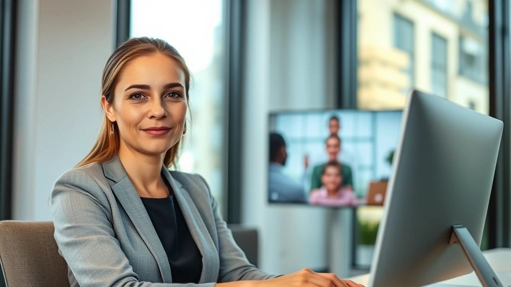 Professional woman in modern office setting during a therapy session via video call, calm expression, natural lighting through windows, digital interface visible, focused and peaceful