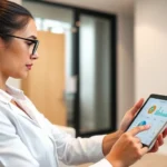 Professional therapist reviewing digital patient data on tablet in modern clinic office, natural lighting, focused expression analyzing progress charts and treatment metrics on screen