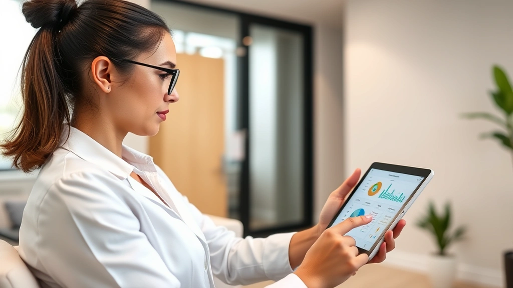 Professional therapist reviewing digital patient data on tablet in modern clinic office, natural lighting, focused expression analyzing progress charts and treatment metrics on screen
