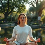 Person meditating in peaceful natural environment with serene expression, morning sunlight filtering through trees, calm water reflection visible, botanical garden setting, photorealistic, peaceful atmosphere