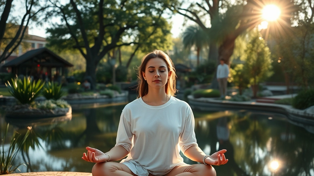 Person meditating in peaceful natural environment with serene expression, morning sunlight filtering through trees, calm water reflection visible, botanical garden setting, photorealistic, peaceful atmosphere