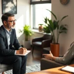A professional therapist and client in a modern office setting during a focused counseling session, warm natural lighting, comfortable seating arrangement, visible notepad and plant on desk, calm and supportive atmosphere