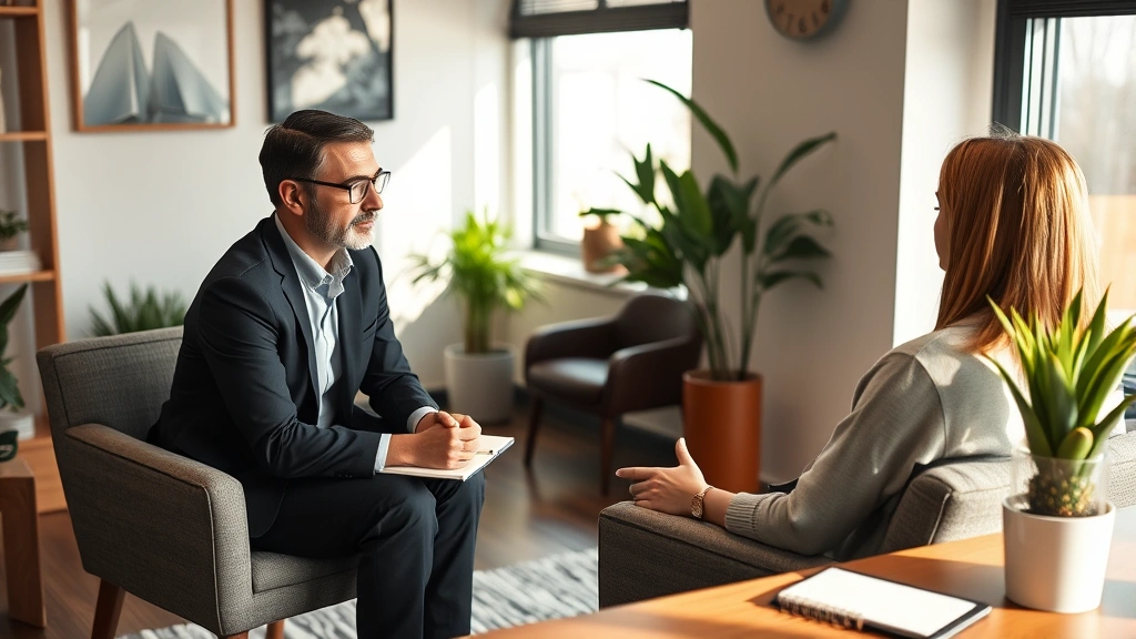 A professional therapist and client in a modern office setting during a focused counseling session, warm natural lighting, comfortable seating arrangement, visible notepad and plant on desk, calm and supportive atmosphere