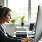 Professional woman in modern office setting focusing intently on computer work, natural lighting through windows, calm and organized workspace, demonstrating concentration and mental clarity during productive work session