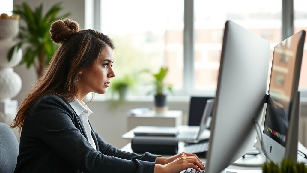 Professional woman in modern office setting focusing intently on computer work, natural lighting through windows, calm and organized workspace, demonstrating concentration and mental clarity during productive work session