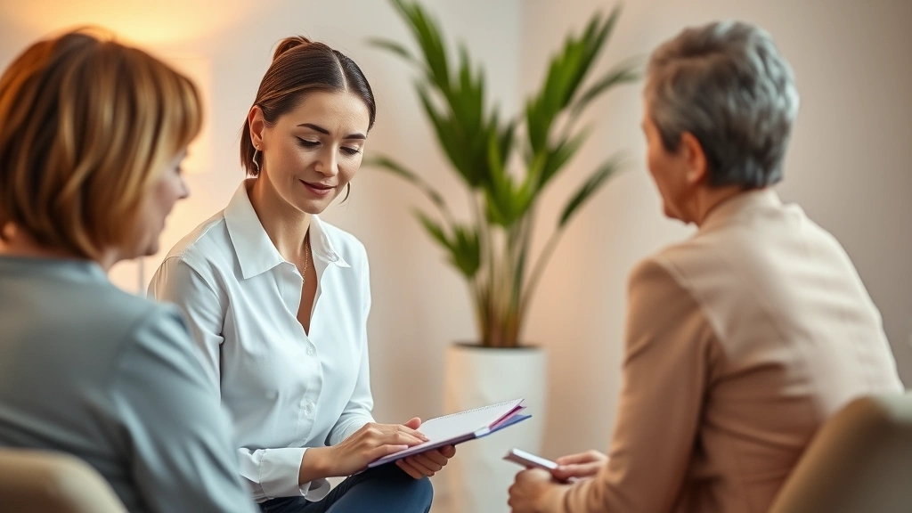 Professional woman in modern office taking notes during therapy session with therapist, warm lighting, focused concentration, peaceful expression, minimalist background with plants