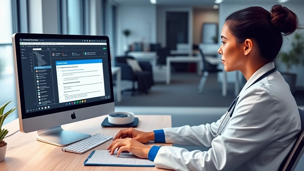 Healthcare professional using speech-to-text technology at desk with EHR system displayed, modern office environment, showing clinical documentation workflow with digital interface